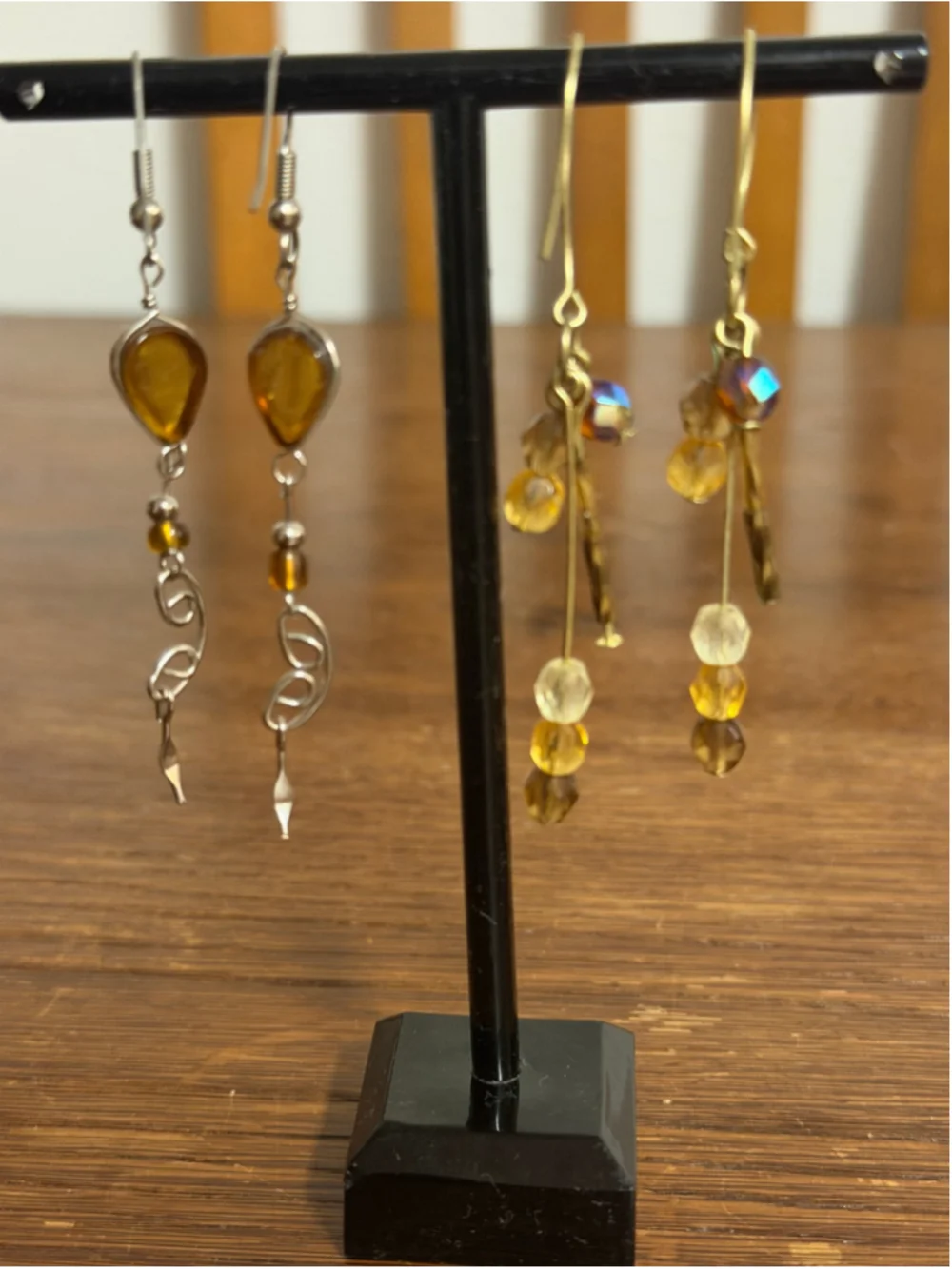2 Pair Long Dangle Earrings Amber Brown Beaded Gold Silver Tone Boho Jewelry